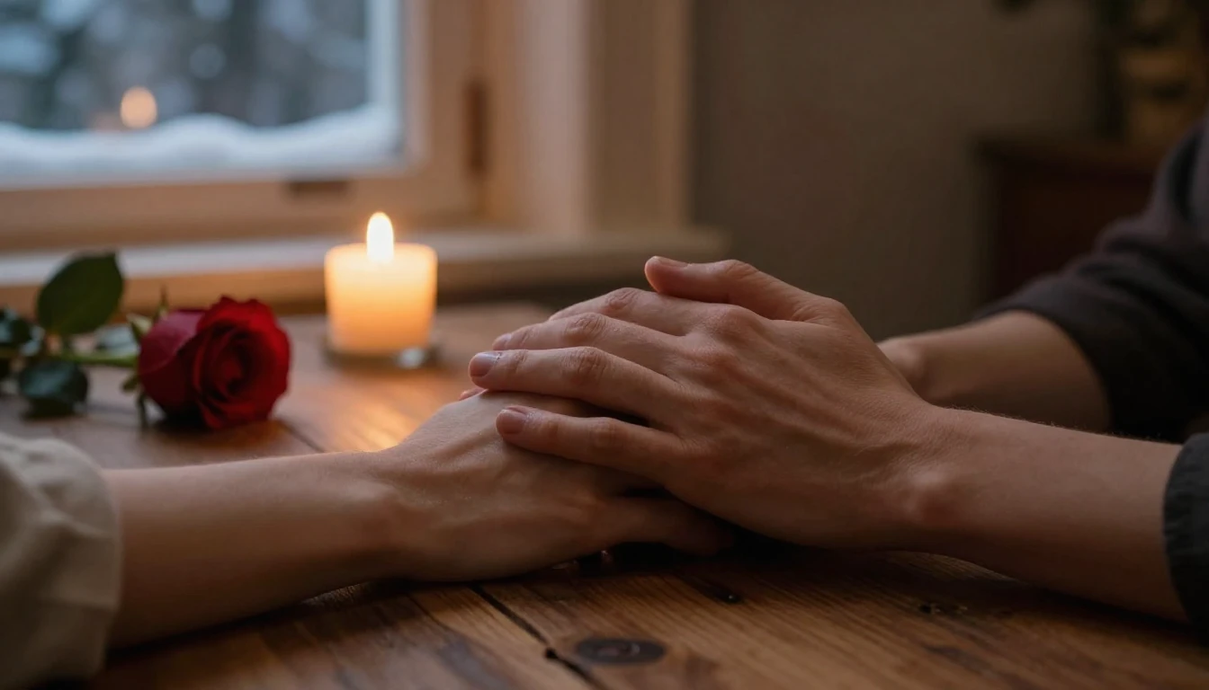 A cinematic close-up shot of two hands holding each other ge...