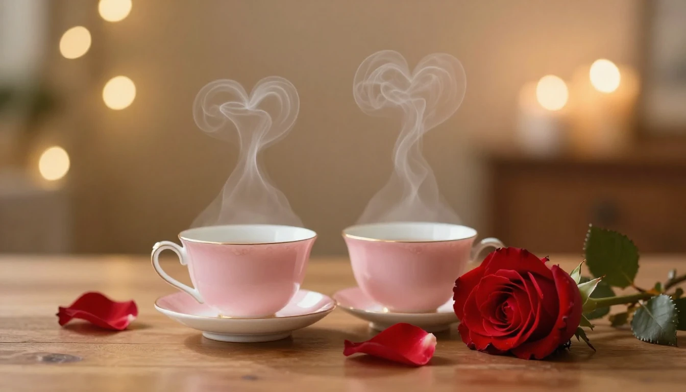 A serene and romantic scene featuring two delicate porcelain...