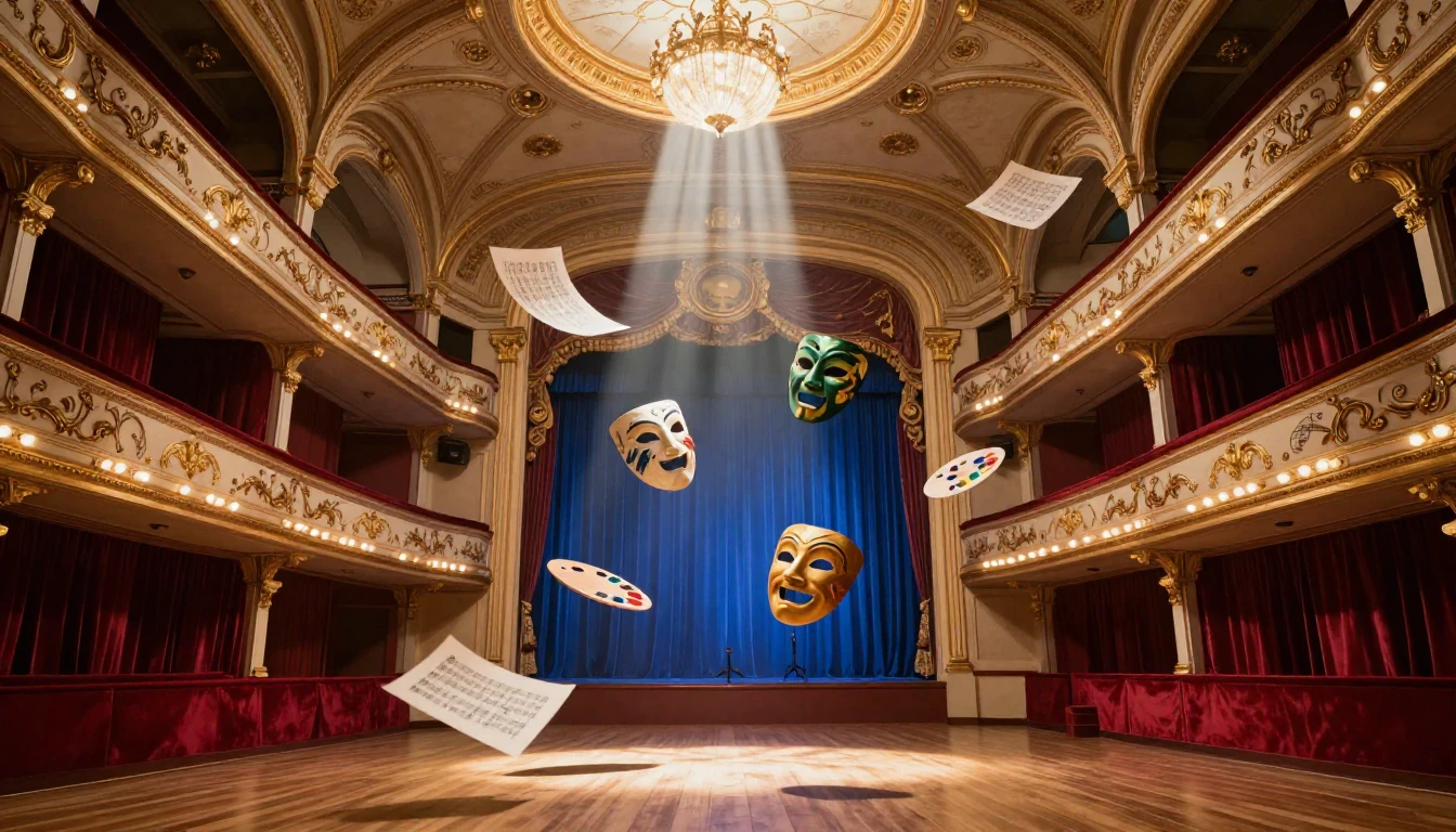 A grand, sun-drenched hall of a classic theater with high ar...