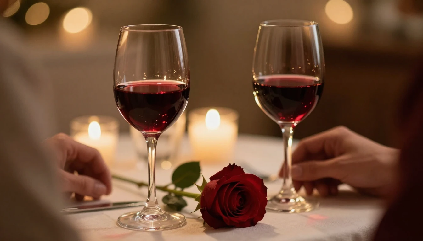 A close-up shot of a romantic dinner table for two. Two crys...