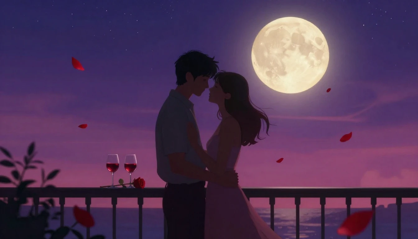 A highly detailed digital painting of a romantic evening sce...