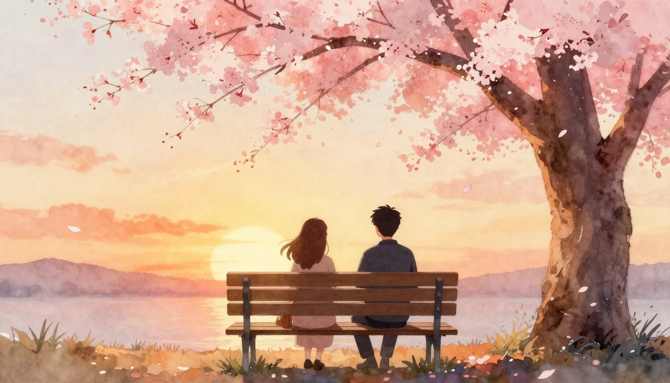 A soft watercolor painting depicting two stylized silhouette...