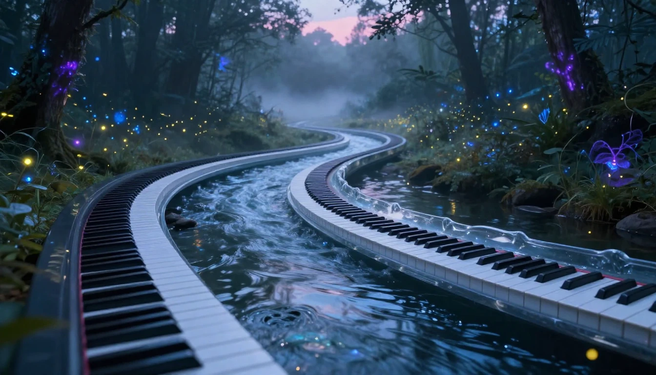 A surreal and magical landscape featuring a winding river co...