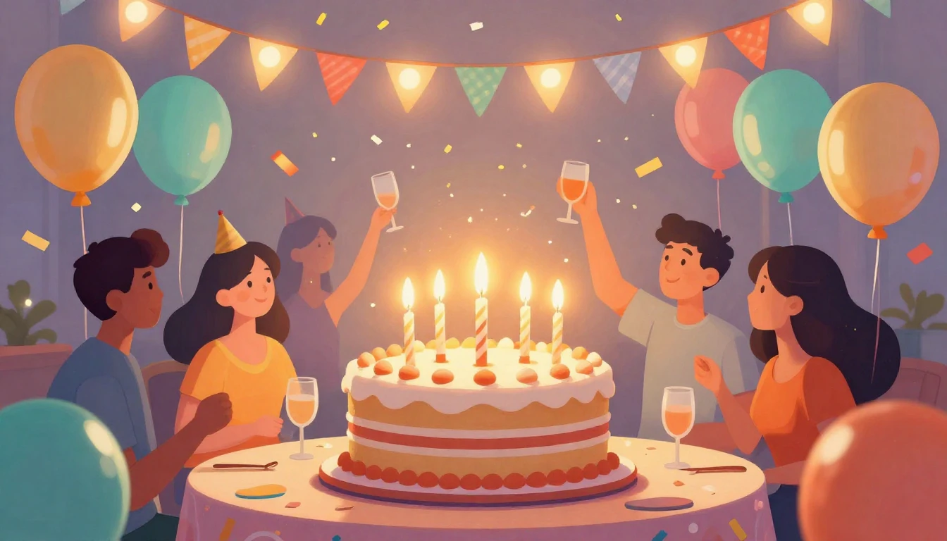 A vibrant digital art illustration depicting a lively birthd...