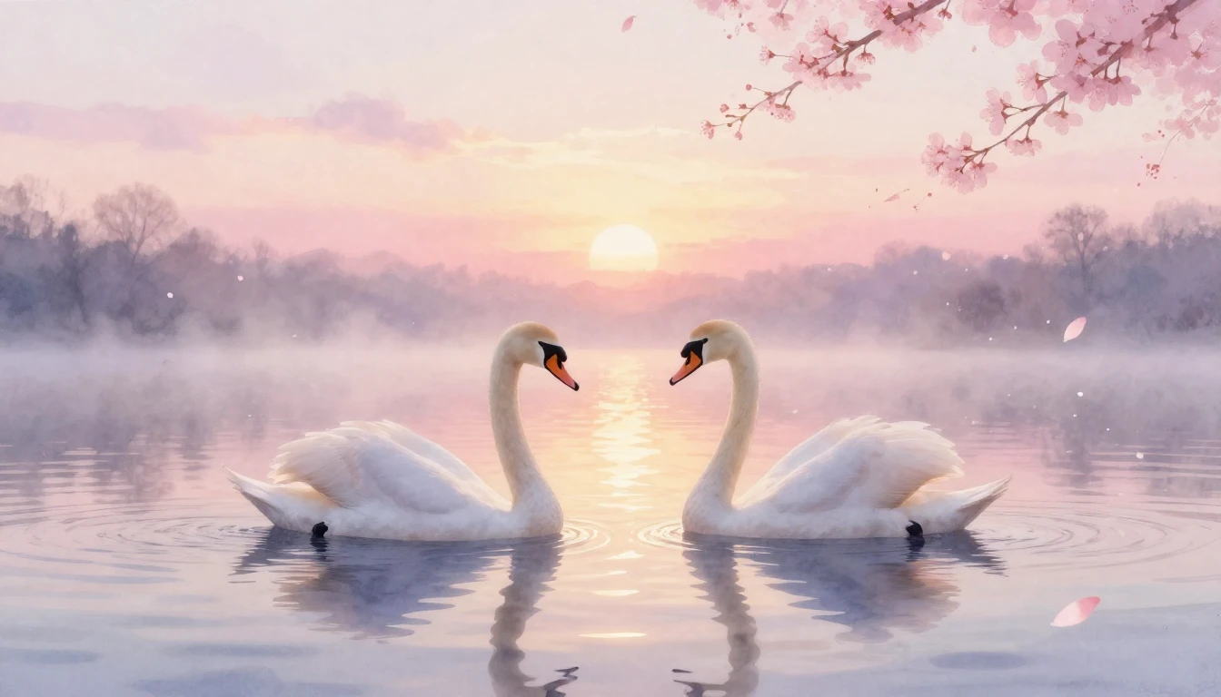A dreamy watercolor painting of two elegant swans gliding on...