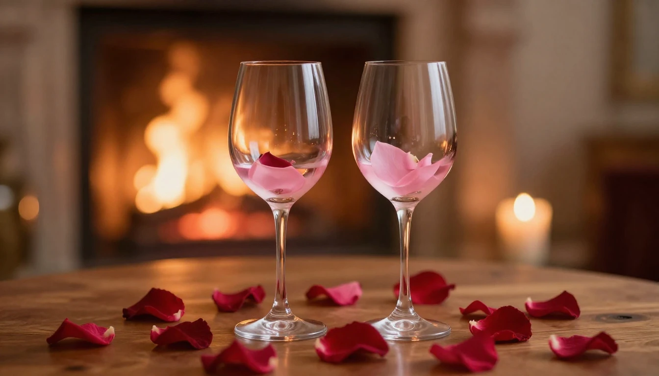A delicate and dreamy scene featuring two elegant wine glass...