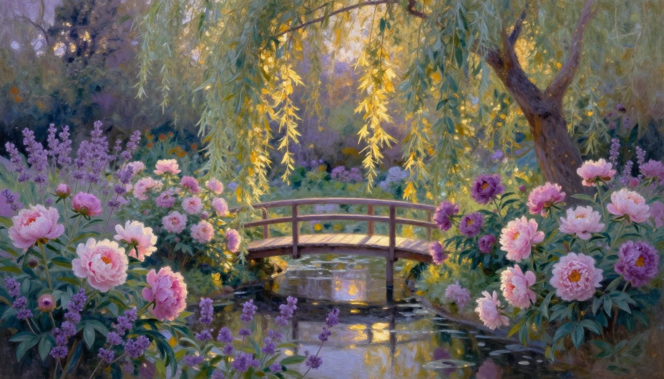 A breathtaking impressionist painting of a secluded garden a...