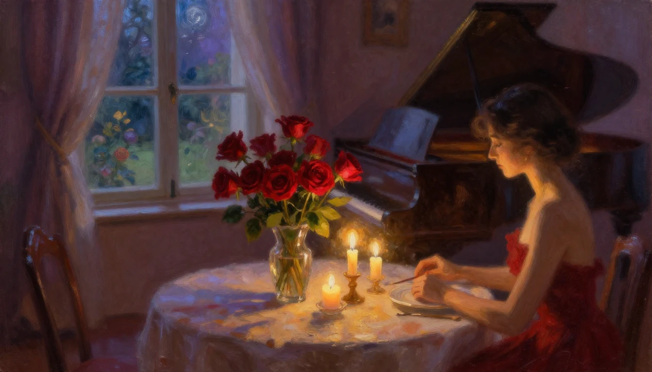 An impressionist oil painting of a cozy, dimly lit room with...