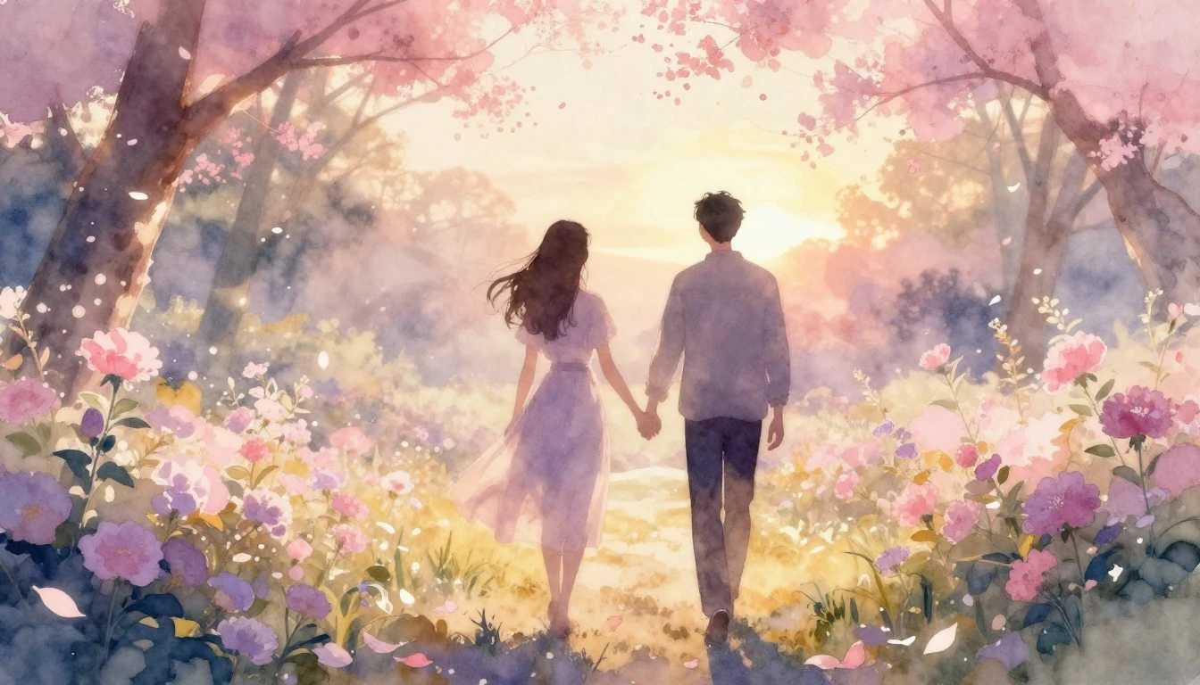 A dreamy and ethereal watercolor painting of two silhouettes...