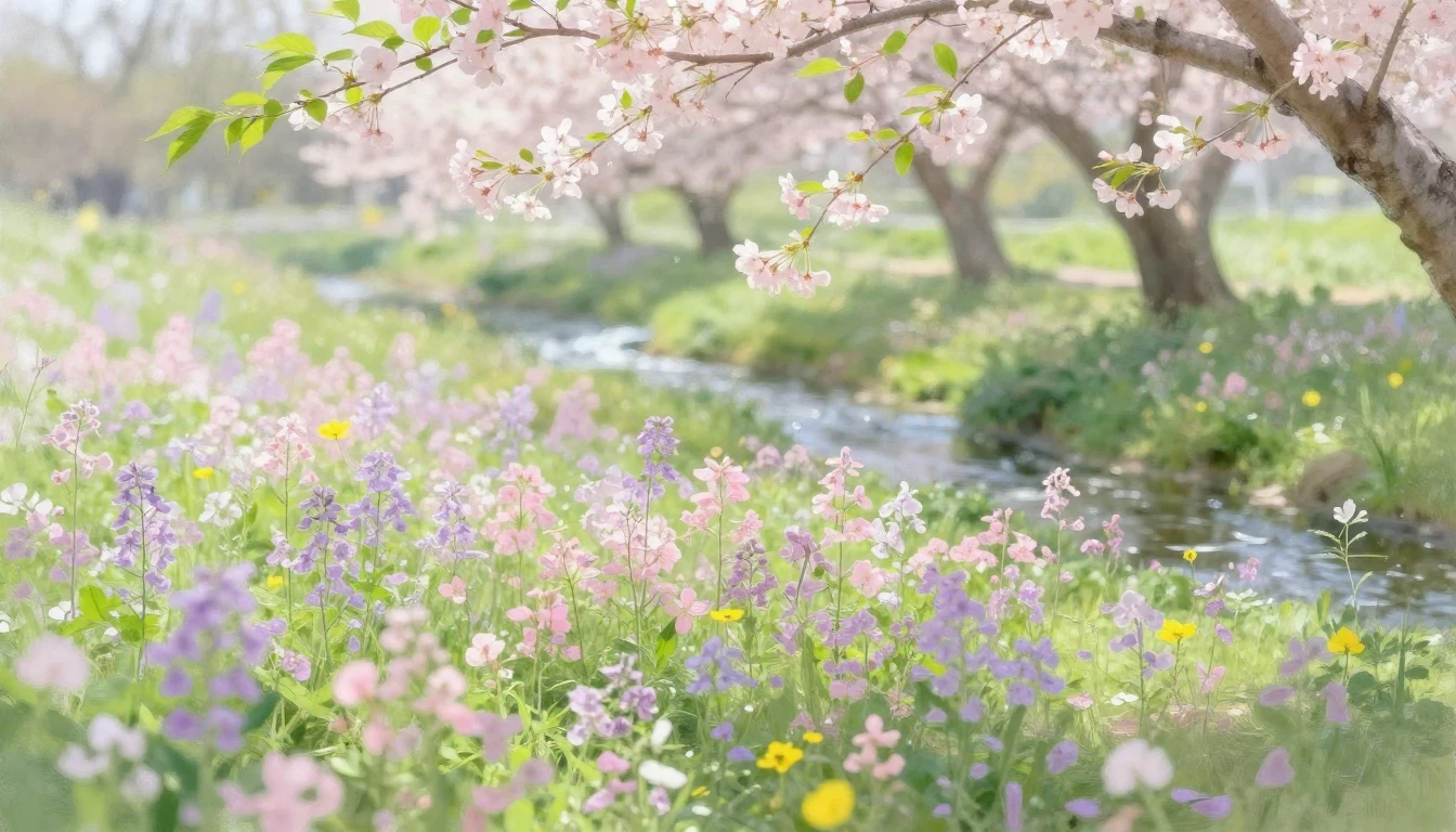 A lush spring meadow filled with blooming wildflowers in sha...