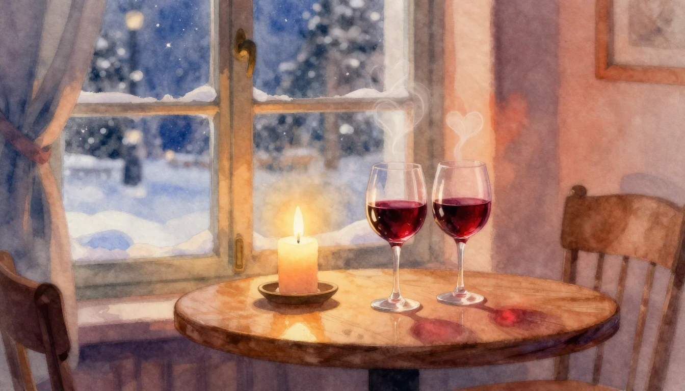 A romantic and cozy indoor scene depicted in soft watercolor...
