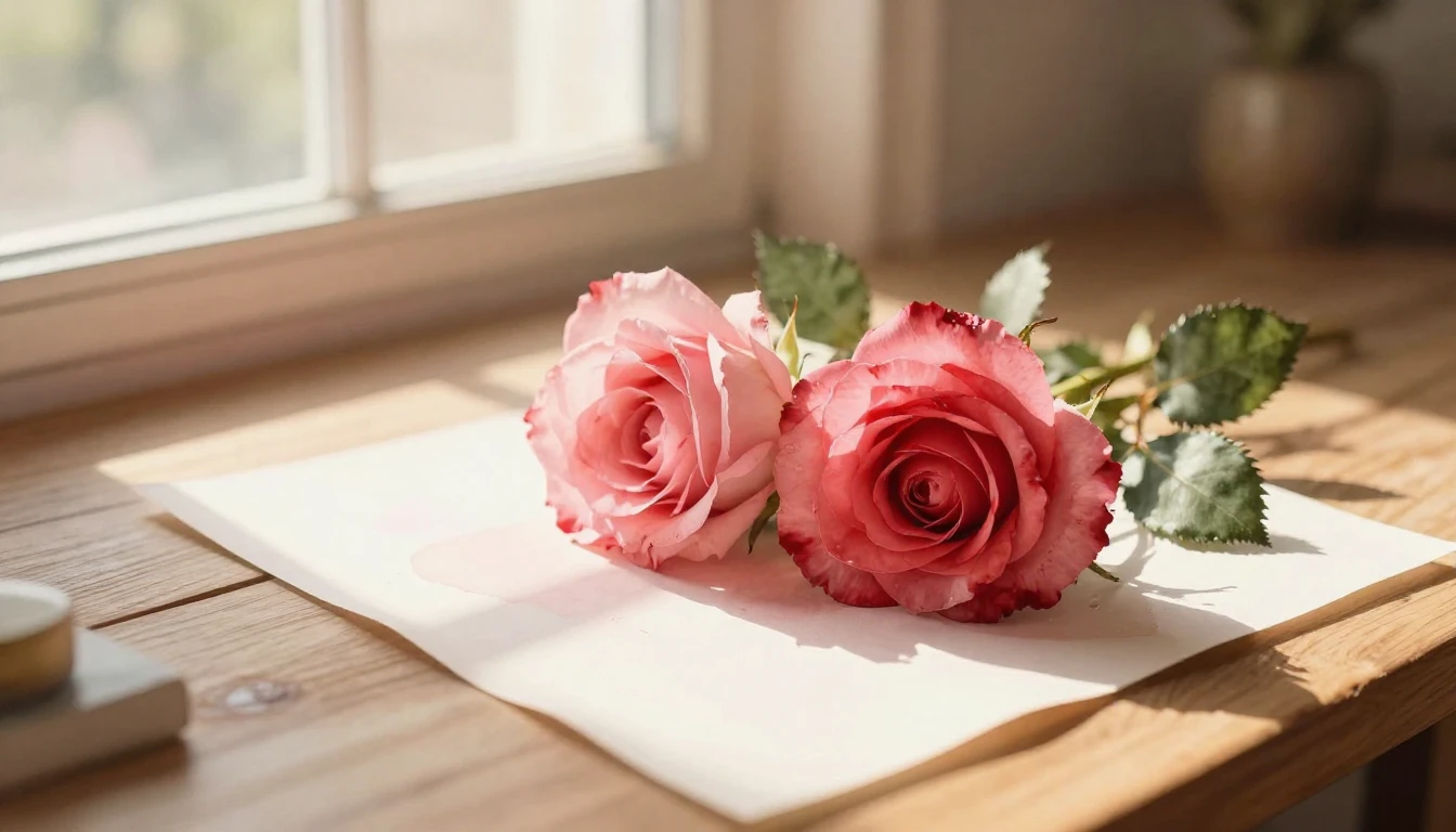 A delicate watercolor painting of two intertwined roses rest...