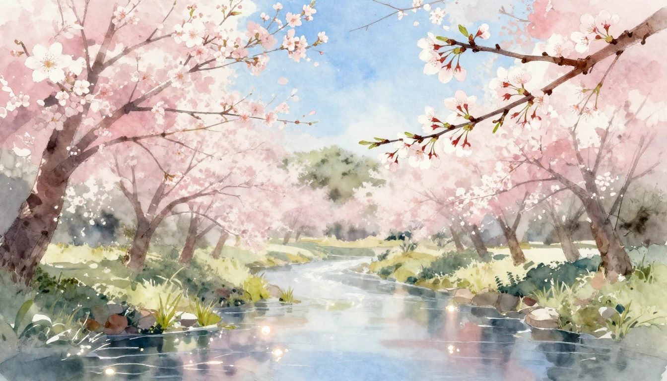 A serene spring landscape painted in delicate watercolor sty...