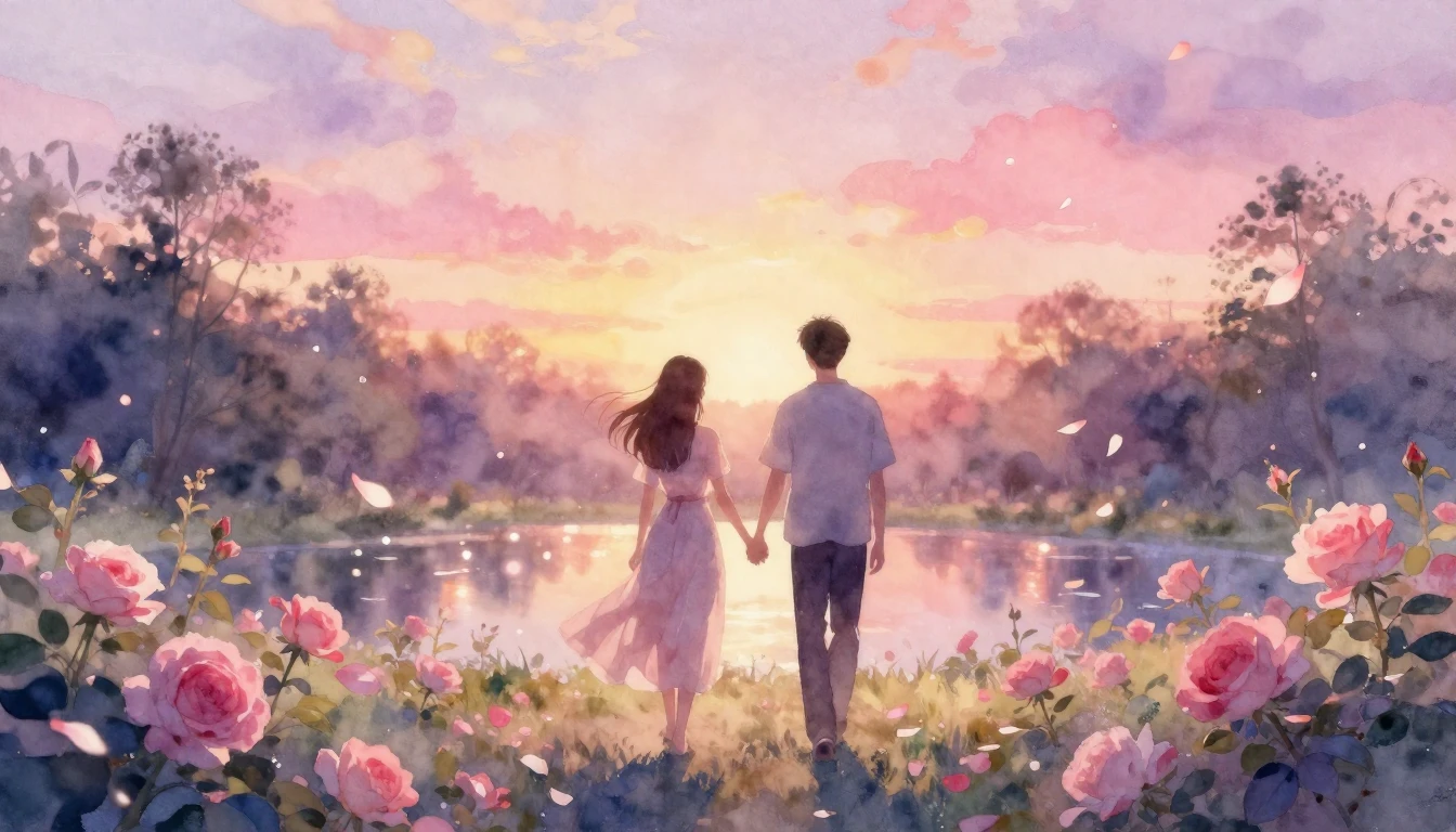 A soft watercolor painting depicting two silhouettes of peop...