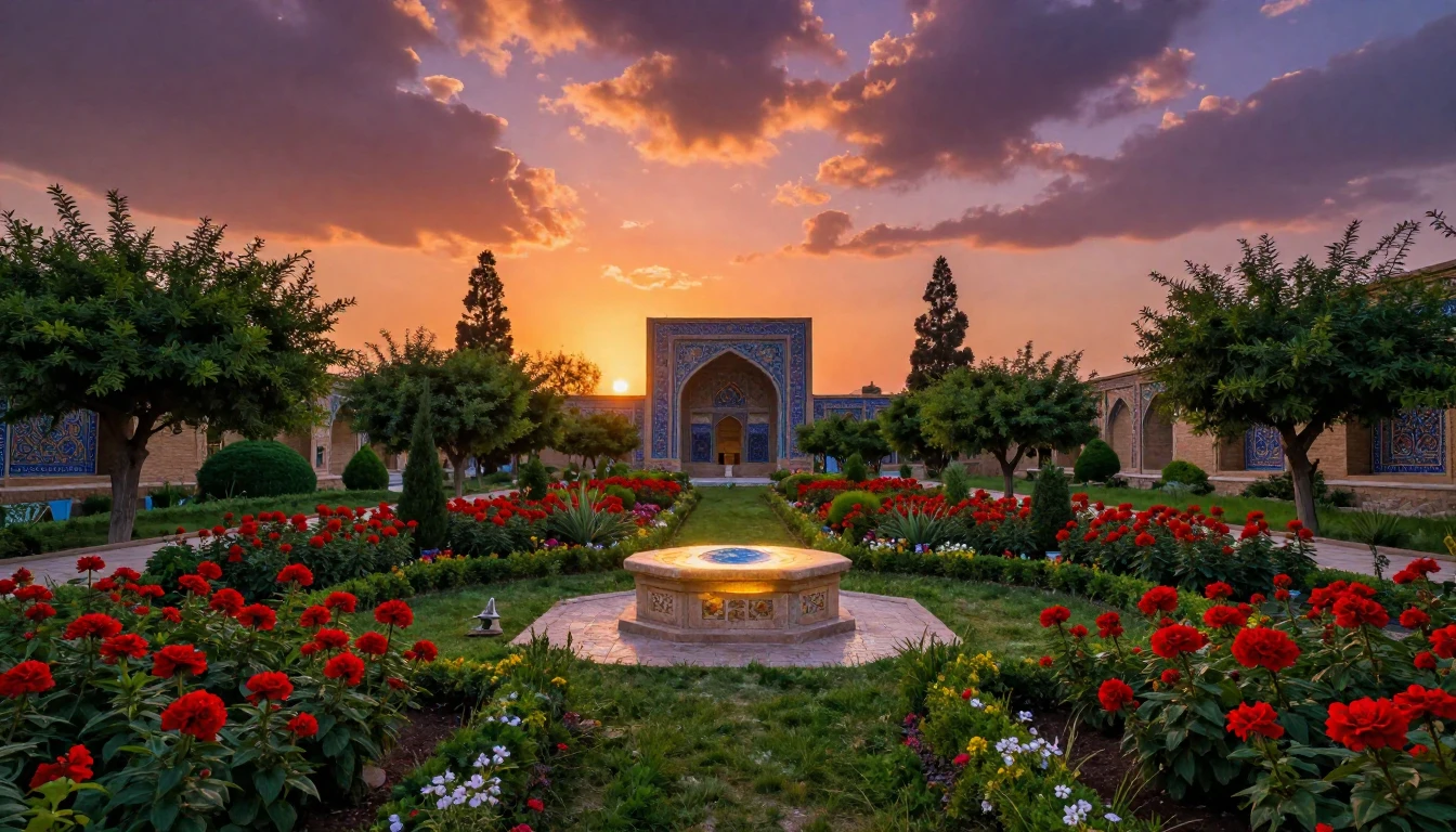 A breathtaking landscape of a blooming Persian garden at sun...