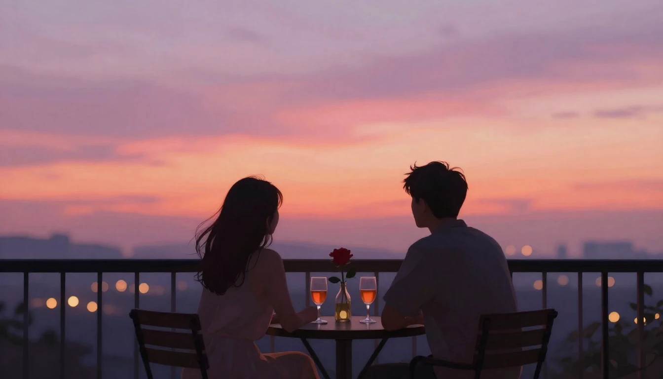 A romantic and dreamy scene of two silhouettes sitting toget...