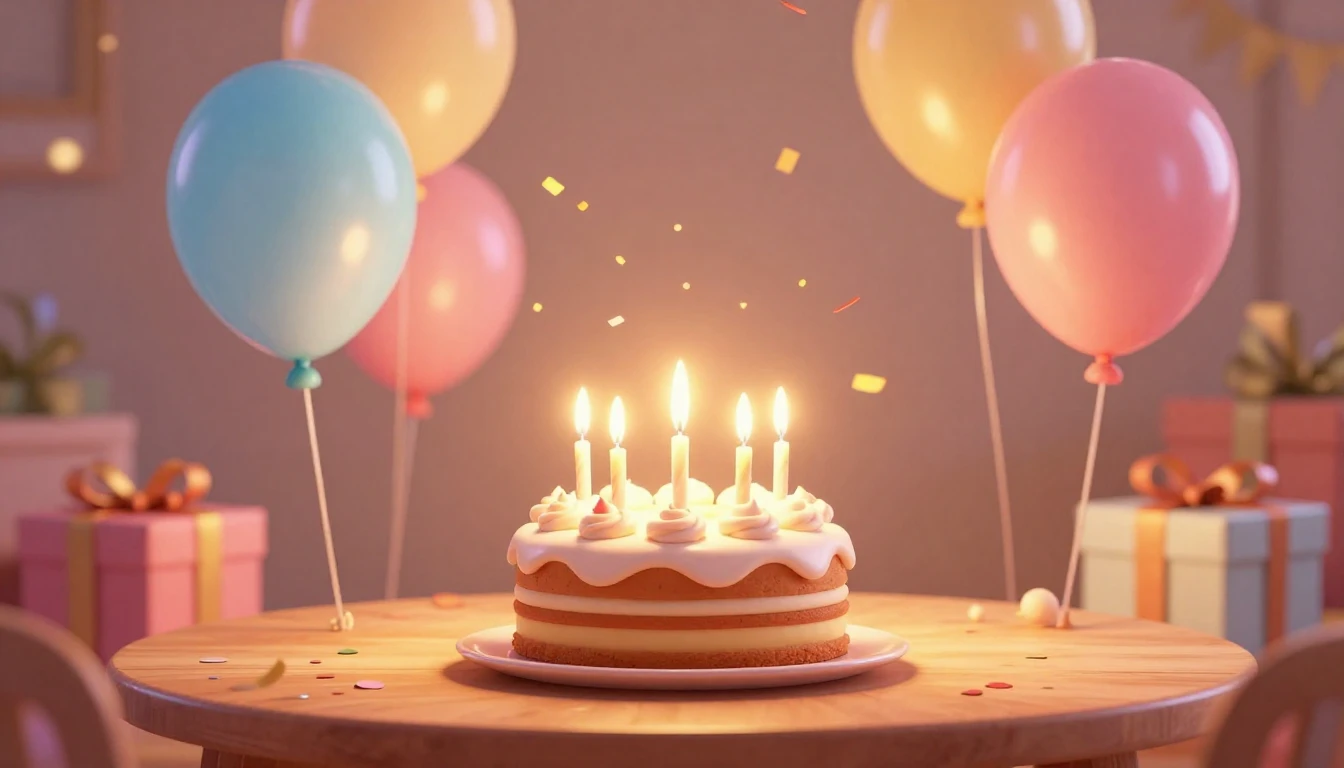 A festive and magical birthday atmosphere in a cozy room. In...