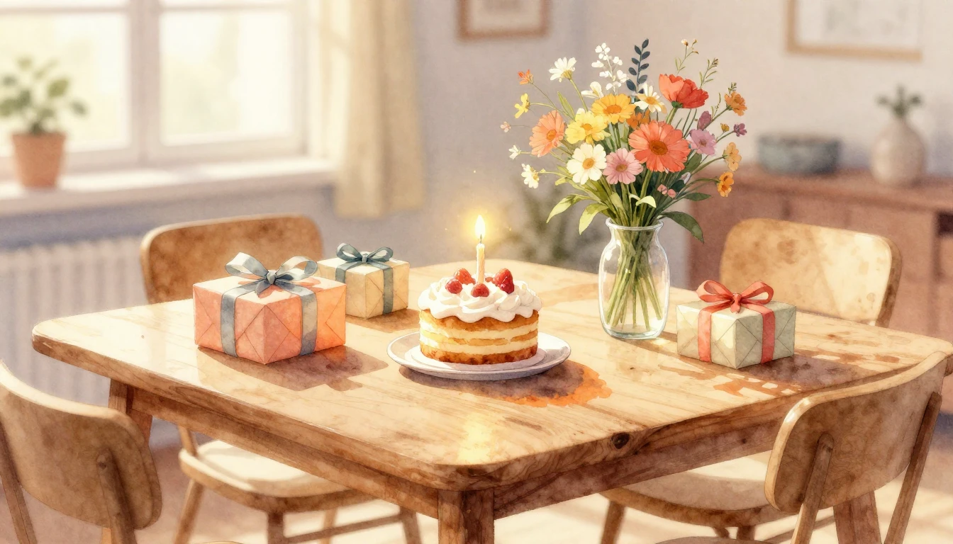 A beautiful watercolor painting of a cozy wooden table set f...