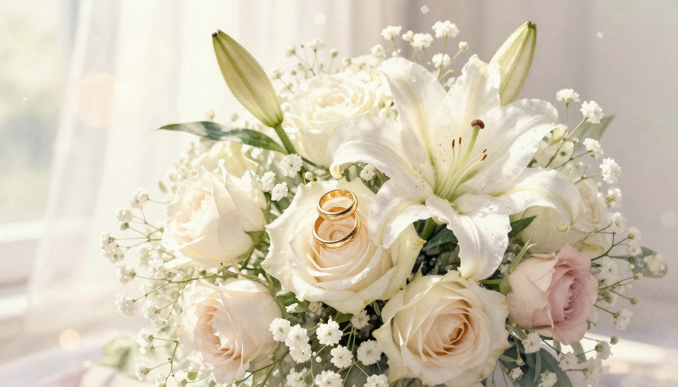 A romantic and soft watercolor painting of a bridal bouquet ...