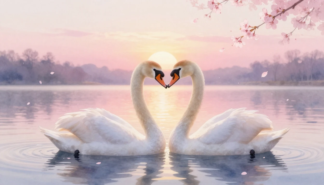 A soft watercolor painting of two elegant swans forming a he...