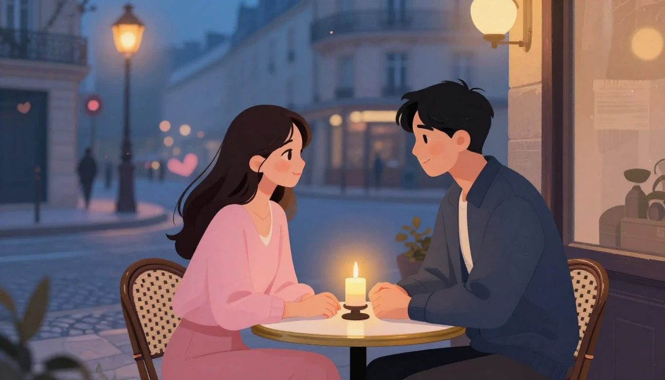 A romantic and dreamy illustration of a couple sitting at a ...