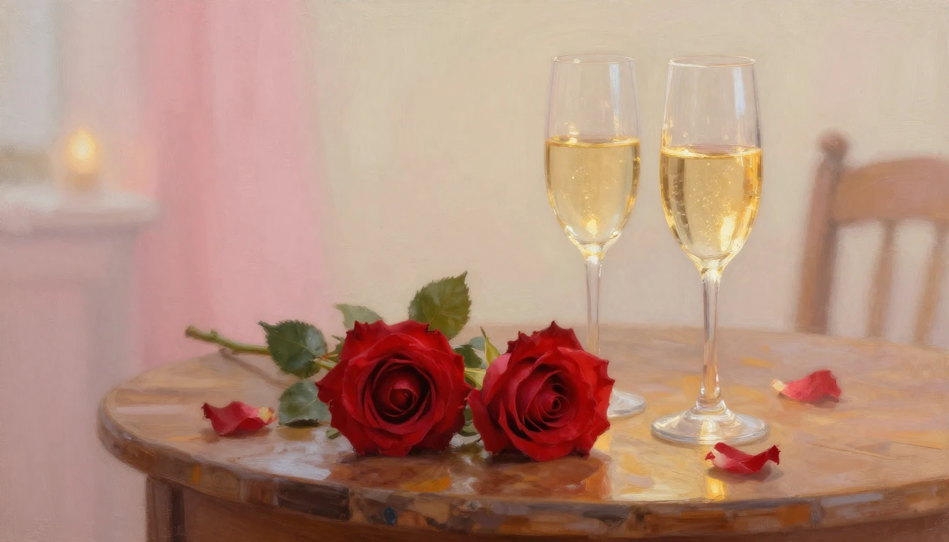 A soft and ethereal painting depicting two delicate red rose...