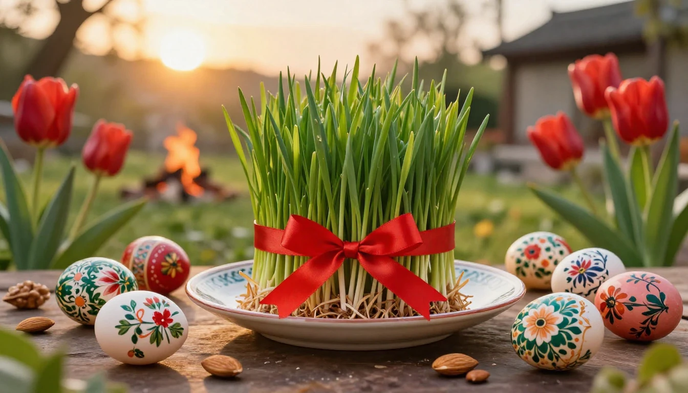 A vibrant and lush scene celebrating the spring equinox. In ...