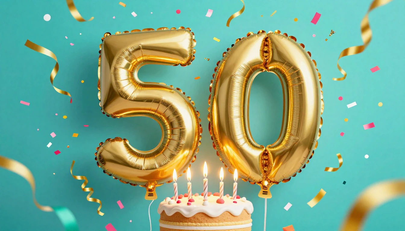 A festive and vibrant 50th birthday composition featuring la...