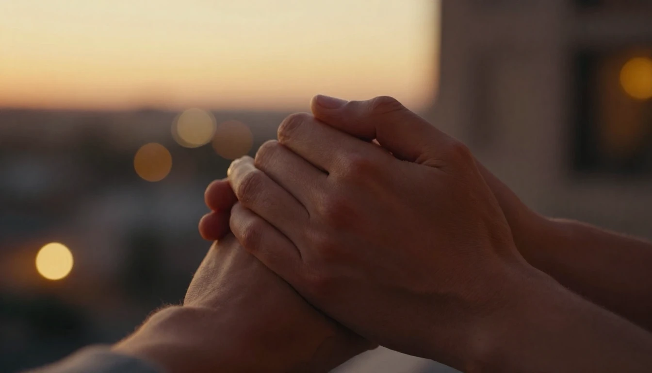 A close-up, cinematic shot of two hands gently holding each ...