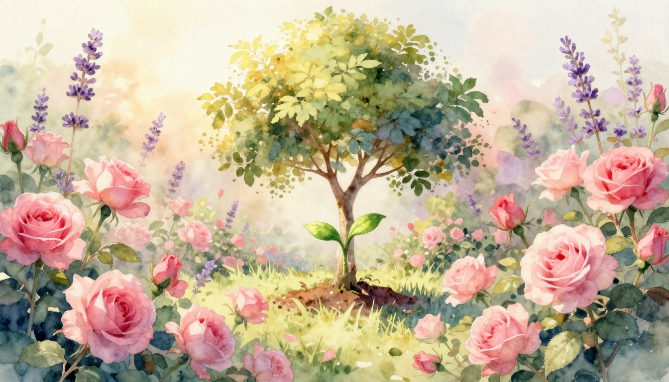 A beautiful watercolor painting depicting a warm, sunlit gar...