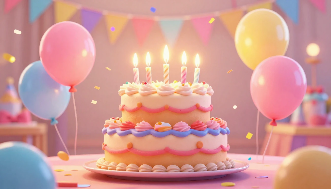 A vibrant and joyful birthday celebration scene in a cute 3D...