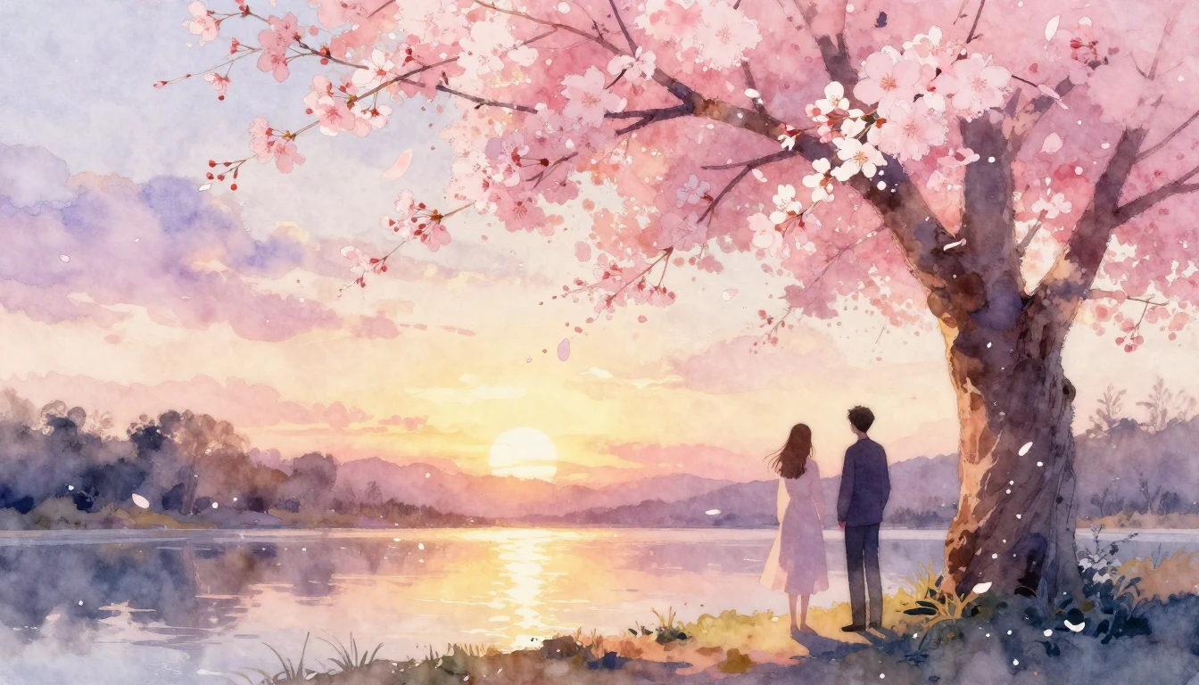 A beautiful watercolor painting of two silhouettes standing ...