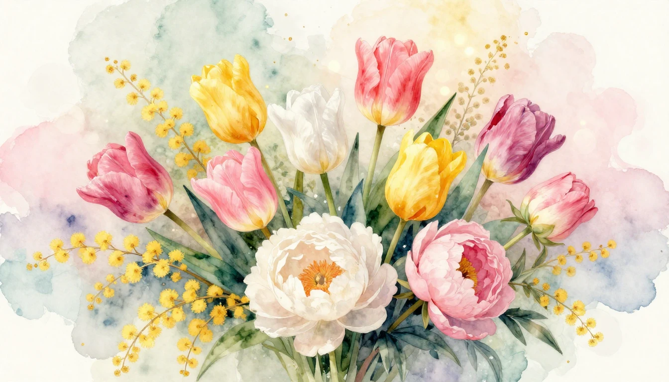 A beautiful watercolor painting of a lush spring bouquet fea...