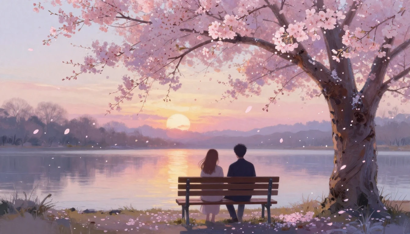 A beautiful painting of two silhouettes sitting on a bench u...
