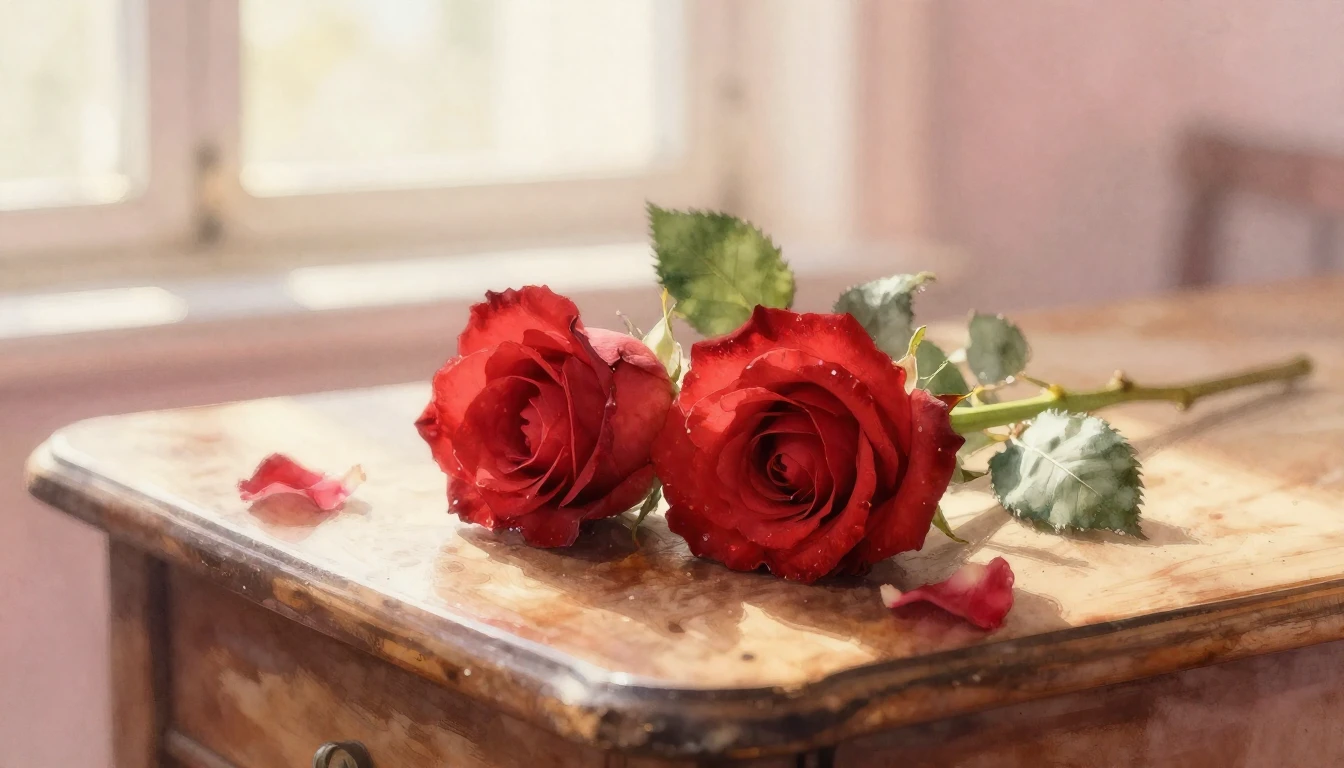 A dreamy watercolor painting of two intertwined red roses re...