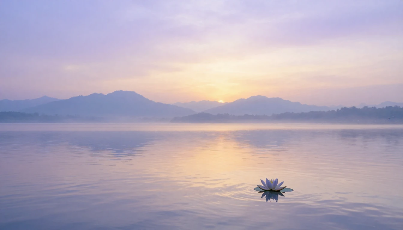 A serene landscape featuring a calm lake reflecting a soft, ...