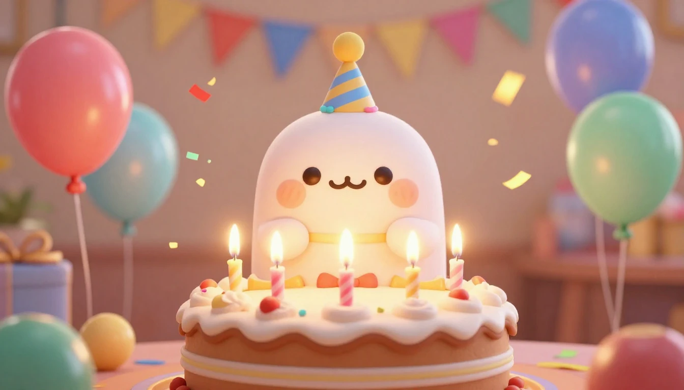 A festive and vibrant birthday celebration scene, a large de...