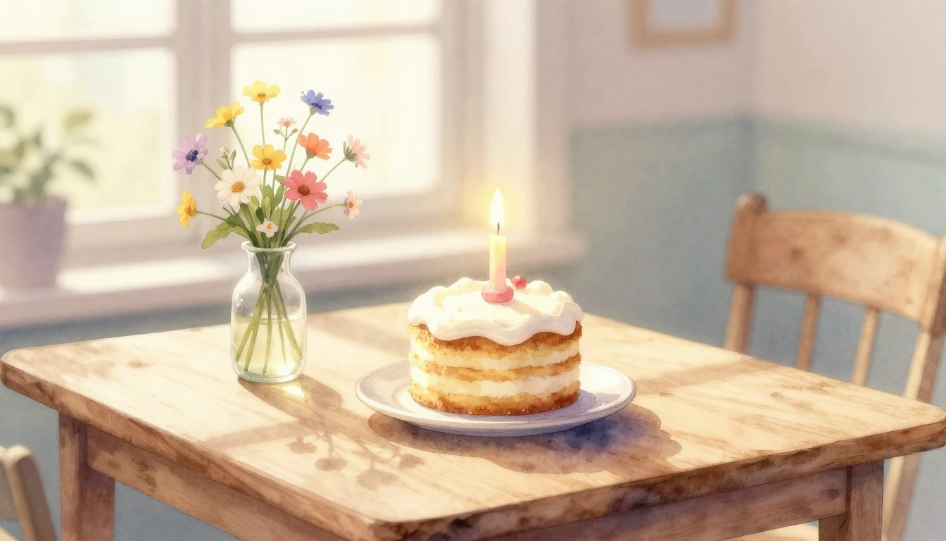 A beautiful watercolor painting of a cozy wooden table decor...