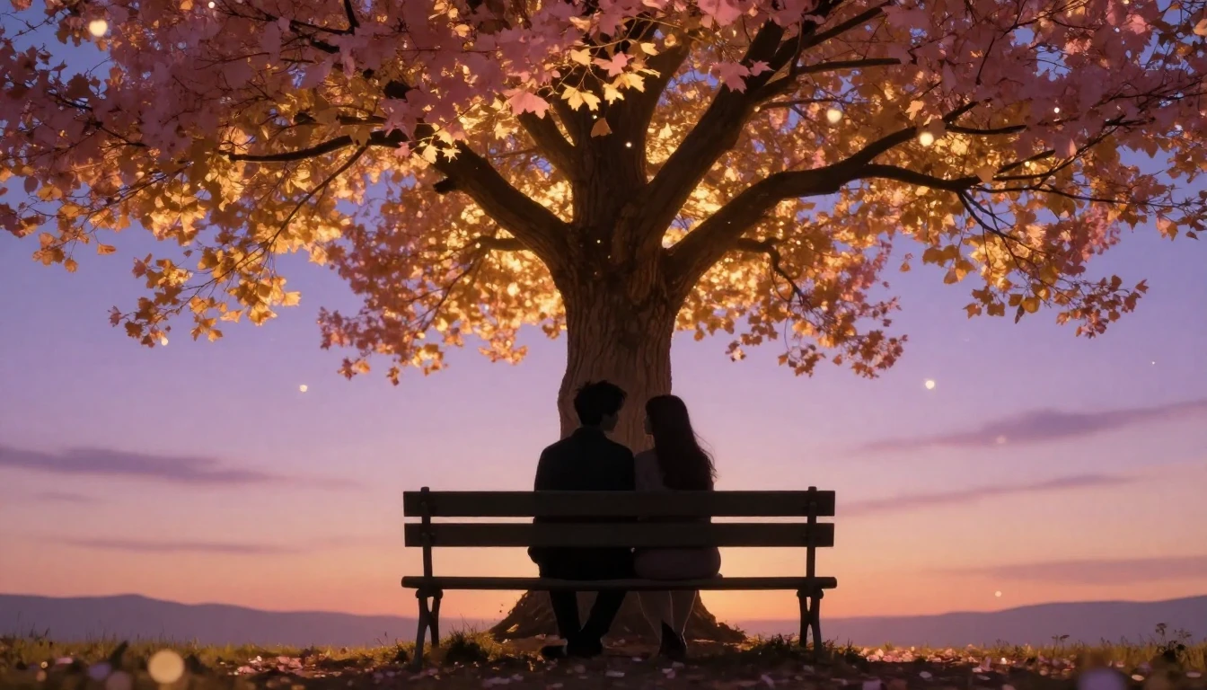 A romantic scene featuring two silhouettes sitting close tog...