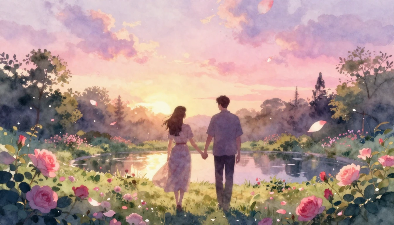 A dreamlike watercolor painting of two silhouettes walking h...