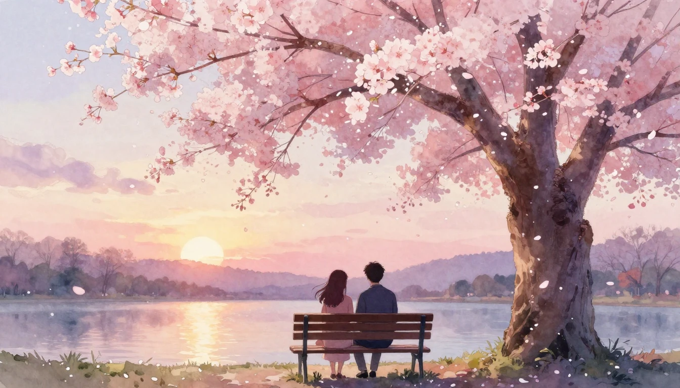 A dreamy and romantic scene featuring two silhouettes of peo...