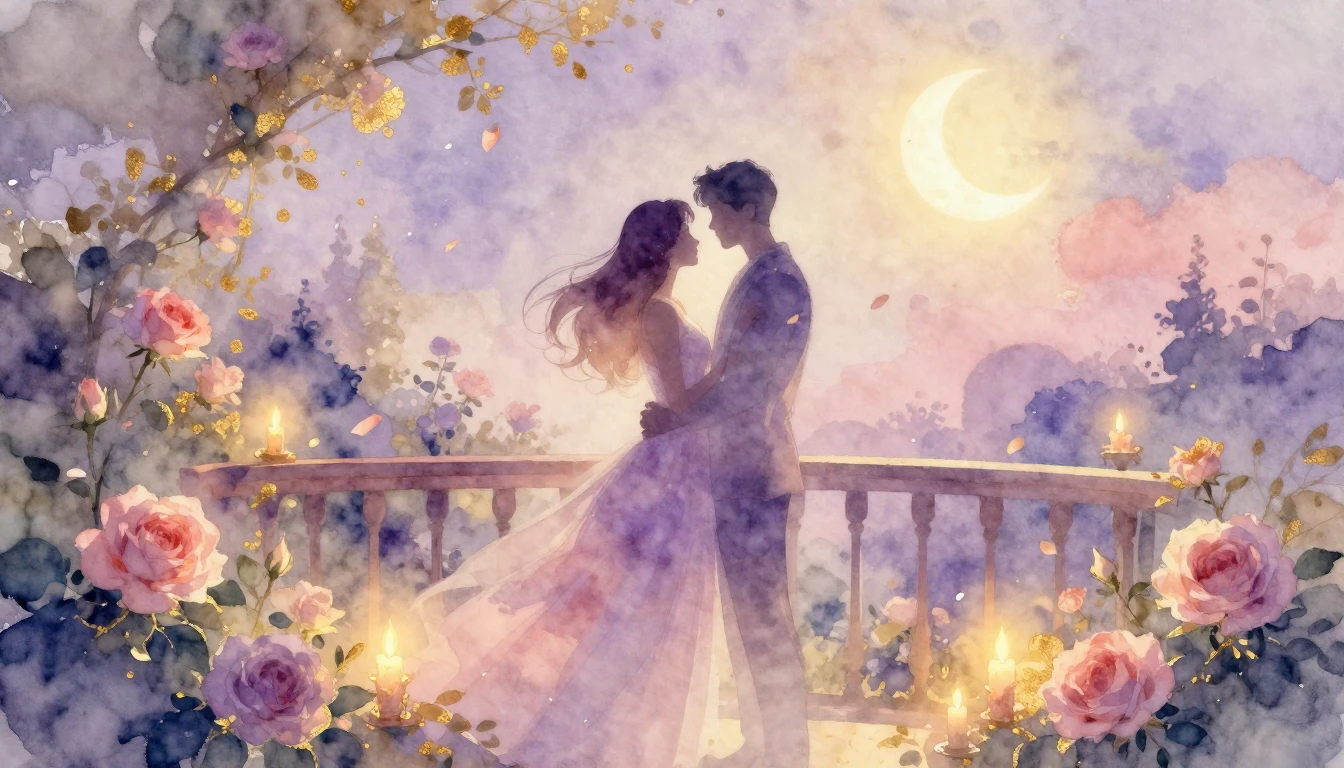 A dreamy and ethereal watercolor painting of two intertwined...