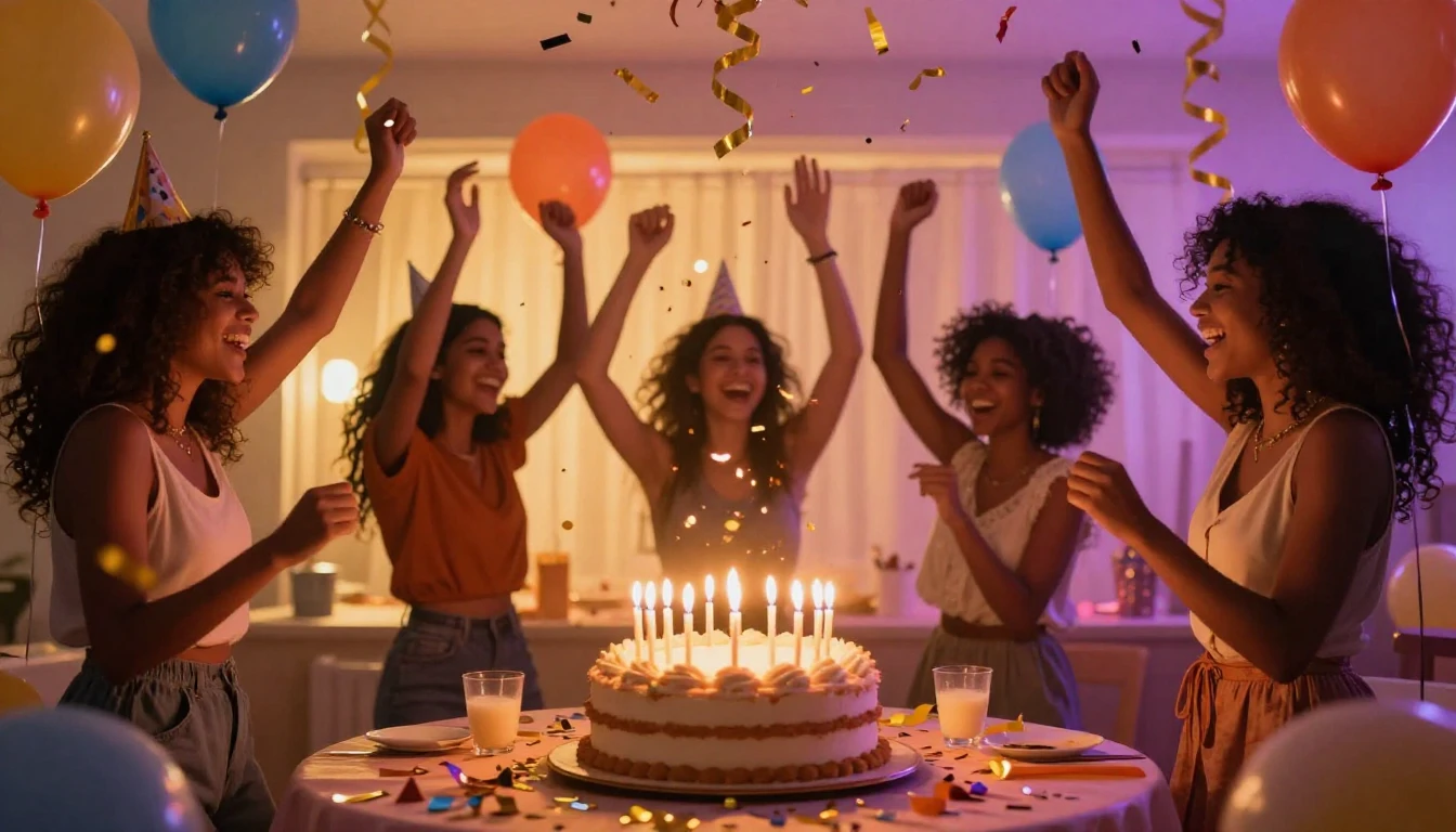 A vibrant and energetic birthday celebration scene. In the c...