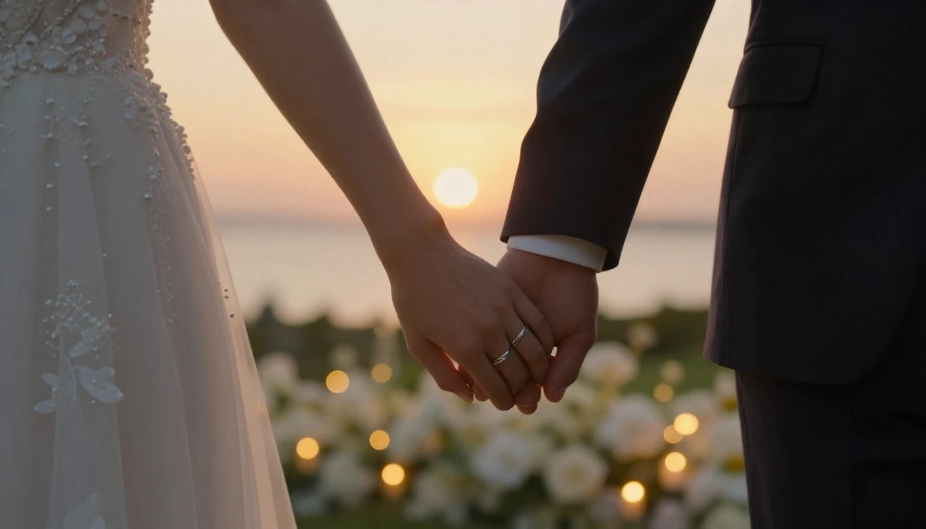 A cinematic and romantic close-up shot of a bride and groom ...