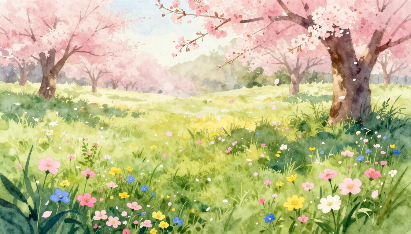 A vibrant and soft watercolor painting of a lush spring mead...