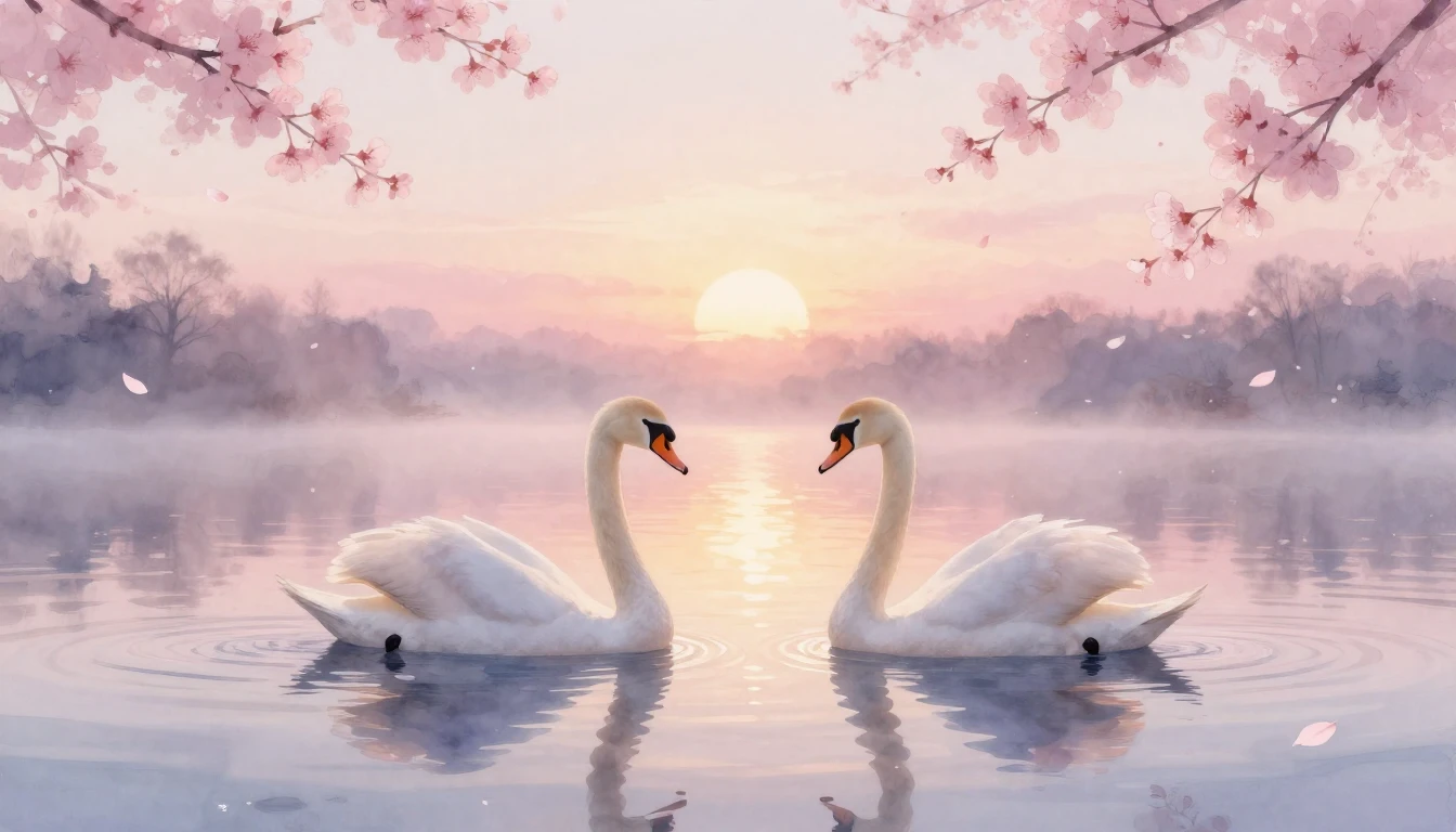 A dreamy watercolor painting of two elegant swans gliding on...
