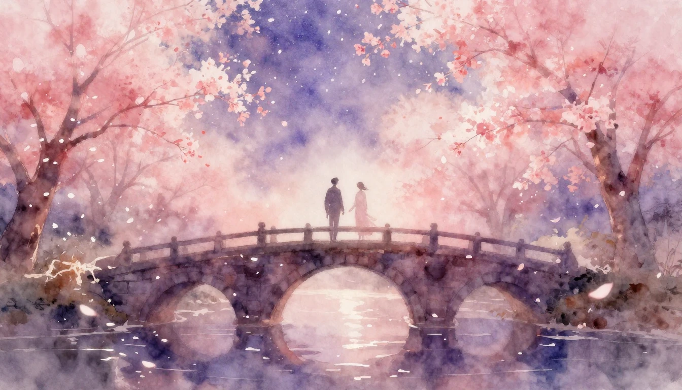 A soft and ethereal watercolor painting of two silhouettes s...
