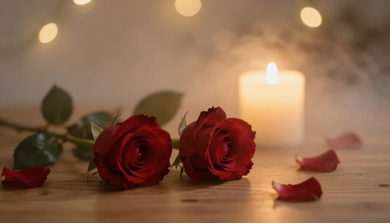 A soft and ethereal scene featuring two delicate red roses l...