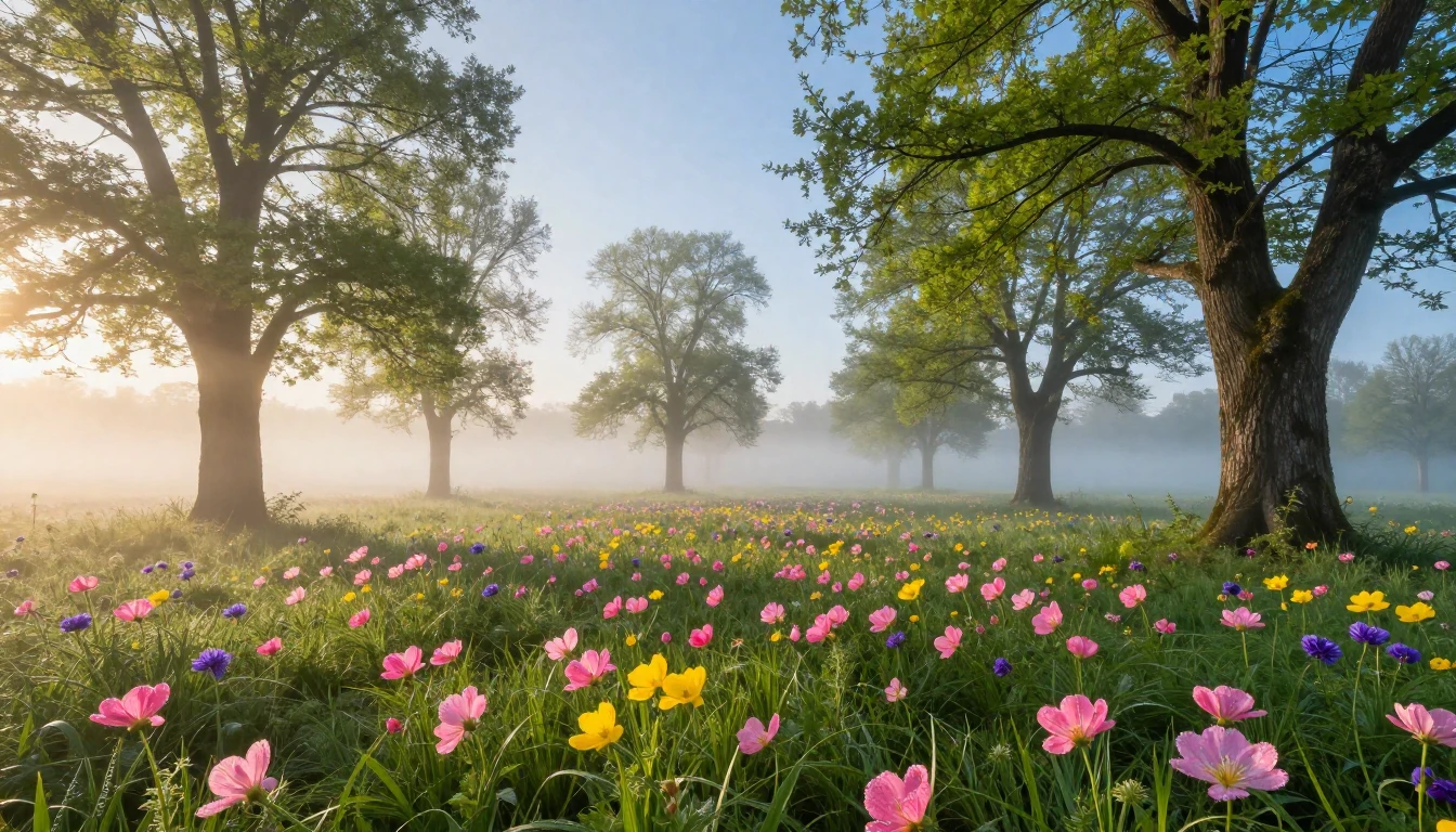 A breathtaking spring meadow at sunrise, filled with vibrant...