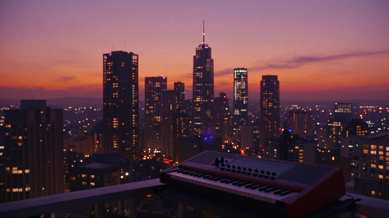 A sprawling futuristic metropolis at dusk, viewed from a hig...